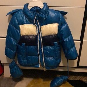 Blue multi color down coat with mittens